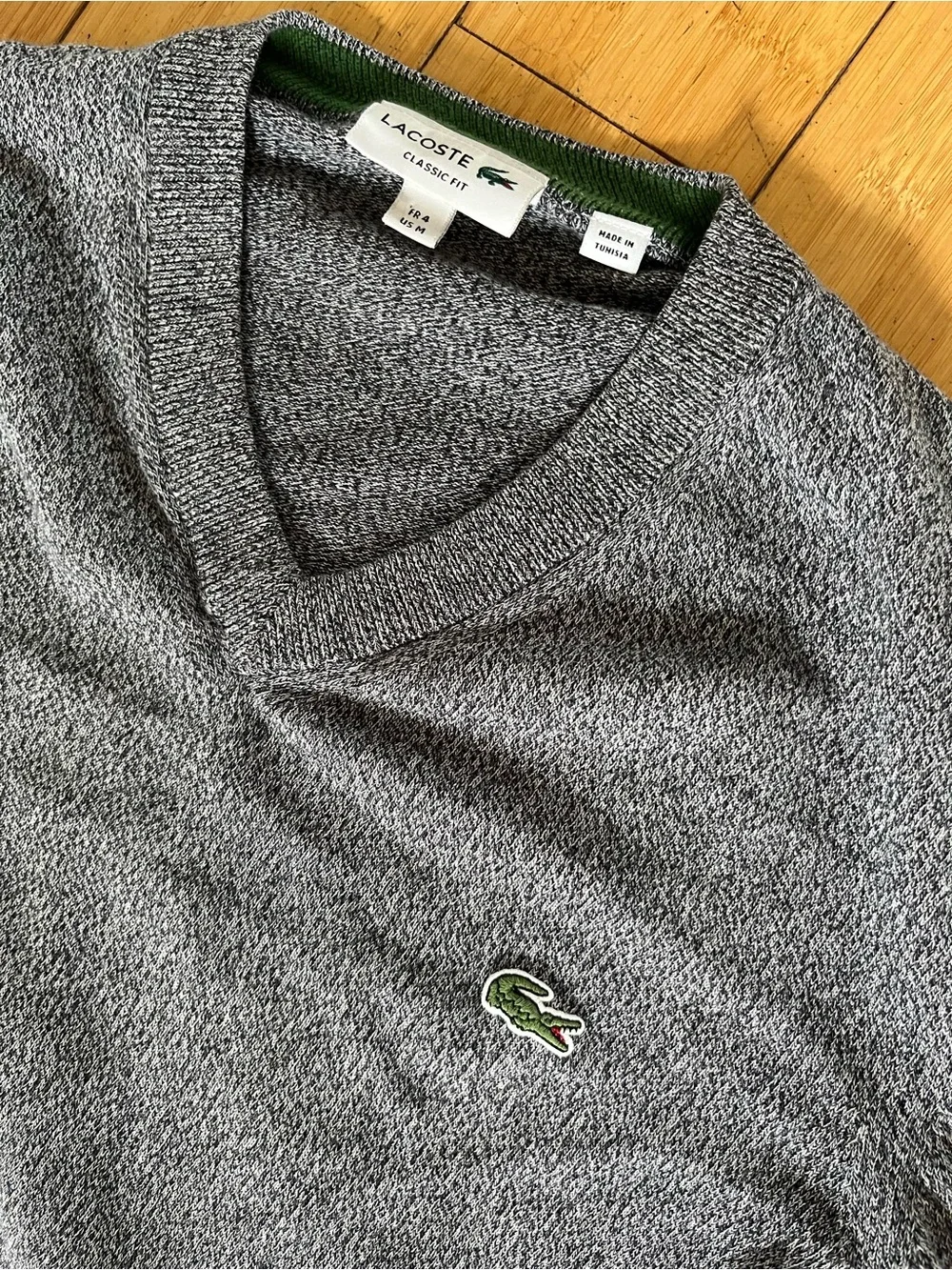 Lacoste Men's Heather blue V-Neck Sweater with Green Croc Logo
